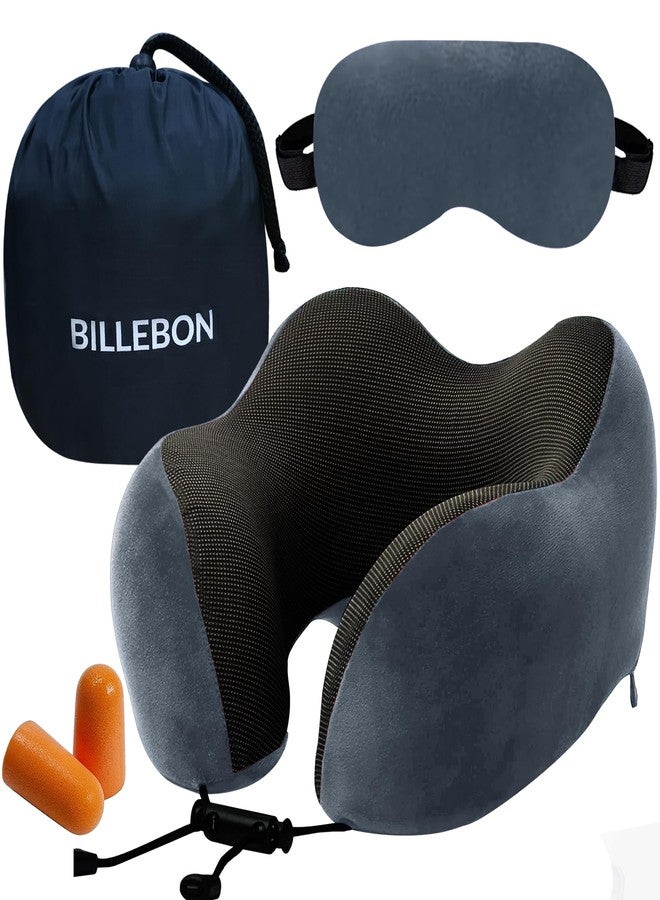 Billebon Premium Memory Foam Travel Neck Pillow Combo with Soft Eye Mask, Carry Bag and Ear Plugs (Grey) - Standard - Image 1